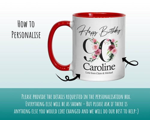90th Birthday Gift for Women - Personalised Coffee Mug & Coaster - Age 90 Gift for Her - Ladies Floral Age Design Mum Nan Gran Ninety BNA90M