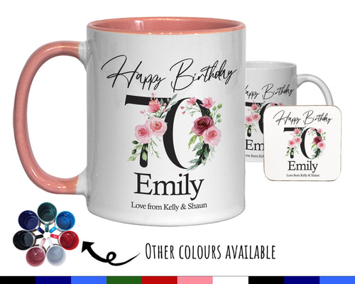 70th Birthday Gift for Women - Personalised Coffee Mug & Coaster - Age 70 Gift for Her Ladies Floral Age Design Mum Nan Gran Seventy BNA70M