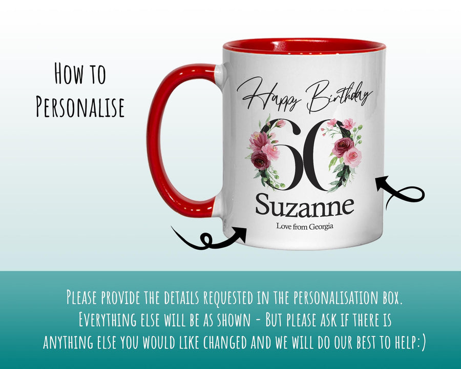 60th Birthday Gift for Women - Personalised Coffee Mug & Coaster - Age 60 Gift for Her - Ladies Floral Age Design Mum Nan Gran Sixty BNA60M