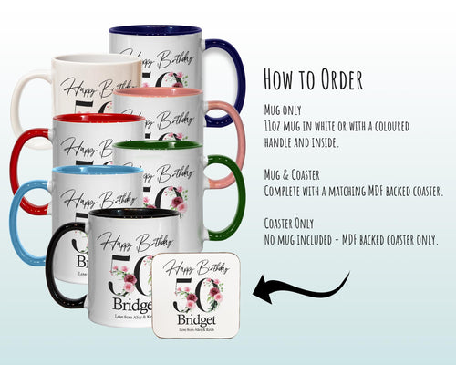 50th Birthday Gift for Women - Personalised Coffee Mug & Coaster - Age 50 Gift for Her - Ladies Floral Age Design Mum Daughter Fifty BNA50M