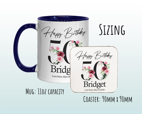 50th Birthday Gift for Women - Personalised Coffee Mug & Coaster - Age 50 Gift for Her - Ladies Floral Age Design Mum Daughter Fifty BNA50M