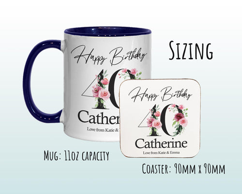 40th Birthday Gift for Women - Personalised Coffee Mug & Coaster - Age 40 Gift for Her - Ladies Floral Age Design Mum Daughter Forty BNA40M