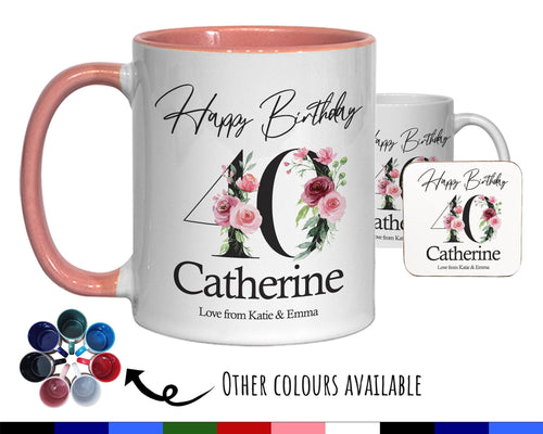 40th Birthday Gift for Women - Personalised Coffee Mug & Coaster - Age 40 Gift for Her - Ladies Floral Age Design Mum Daughter Forty BNA40M
