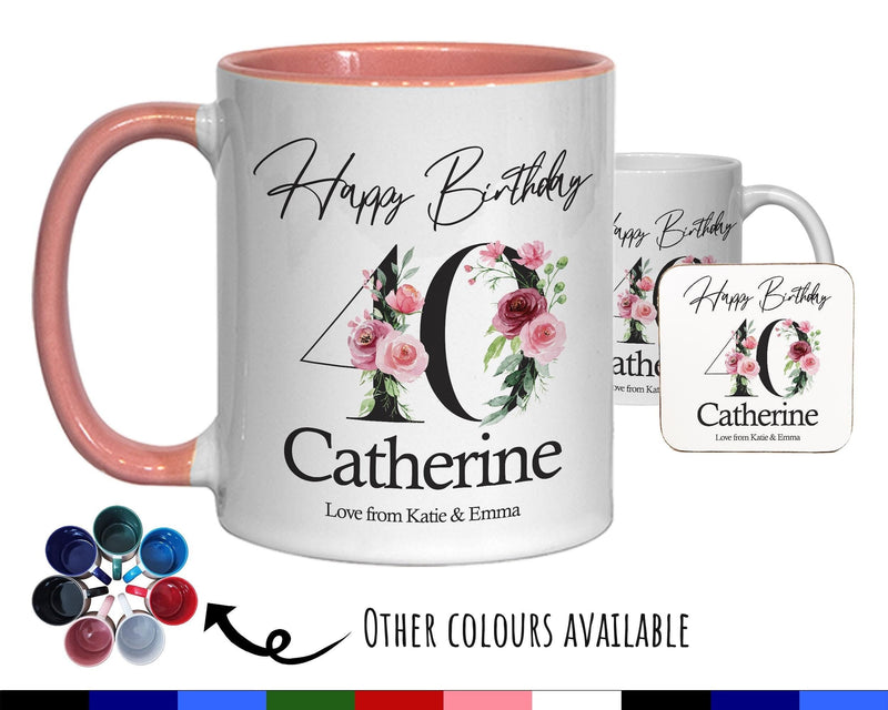 40th Birthday Gift for Women - Personalised Coffee Mug & Coaster - Age 40 Gift for Her - Ladies Floral Age Design Mum Daughter Forty BNA40M