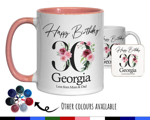 30th Birthday Gift for Her - Personalised Coffee Mug & Coaster - Age 30 Gift for Women - Ladies Floral Age Design Mum Daughter Thirty BNA30M
