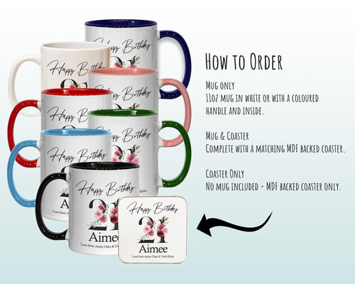 21st Birthday Gift for Women - Personalised Coffee Mug & Coaster - Age 21 Gift for Her - Ladies Floral Age Design Daughter Twenty One BNA21M