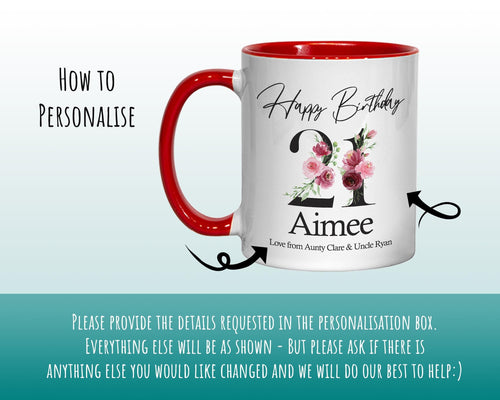 21st Birthday Gift for Women - Personalised Coffee Mug & Coaster - Age 21 Gift for Her - Ladies Floral Age Design Daughter Twenty One BNA21M