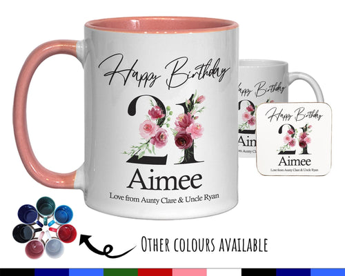 21st Birthday Gift for Women - Personalised Coffee Mug & Coaster - Age 21 Gift for Her - Ladies Floral Age Design Daughter Twenty One BNA21M