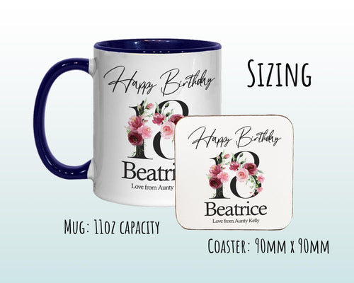 18th Birthday Gift for Her - Personalised Coffee Mug & Coaster - Age 18 Gift for Women - Ladies Floral Age Design Daughter Eighteen BNA18M