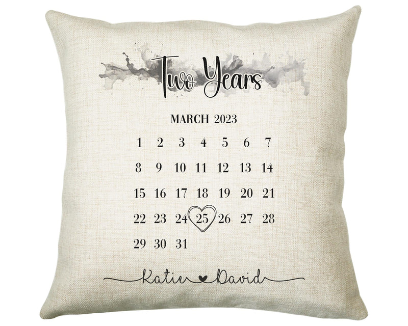 Personalised 2nd Anniversary Cotton Gift Cushion - Two Years Custom Calendar Design - Wedding Present Cushion Pillow Gift Couple CS558