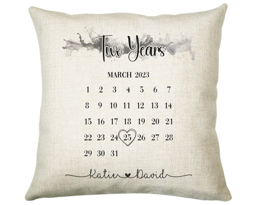 Personalised 2nd Anniversary Cotton Gift Cushion - Two Years Custom Calendar Design - Wedding Present Cushion Pillow Gift Couple CS558