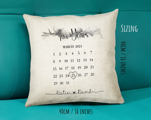 Personalised 2nd Anniversary Cotton Gift Cushion - Two Years Custom Calendar Design - Wedding Present Cushion Pillow Gift Couple CS558