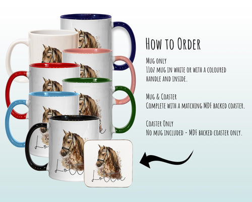 Personalised Horse Mug Gift - Great Gift for Horse Riders - Equestrian Mug & Coaster - Pony Horse Gifts for Her Watercolour Design MGZ049