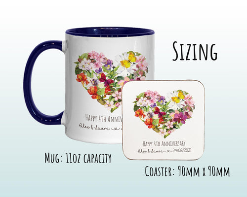 Personalised 4th Anniversary Mug Gift - Great Gift for Couples - Fourth Wedding Anniversary Mug & Coaster Floral Design for Mr Mrs MGZ374