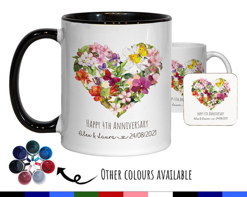 Personalised 4th Anniversary Mug Gift - Great Gift for Couples - Fourth Wedding Anniversary Mug & Coaster Floral Design for Mr Mrs MGZ374
