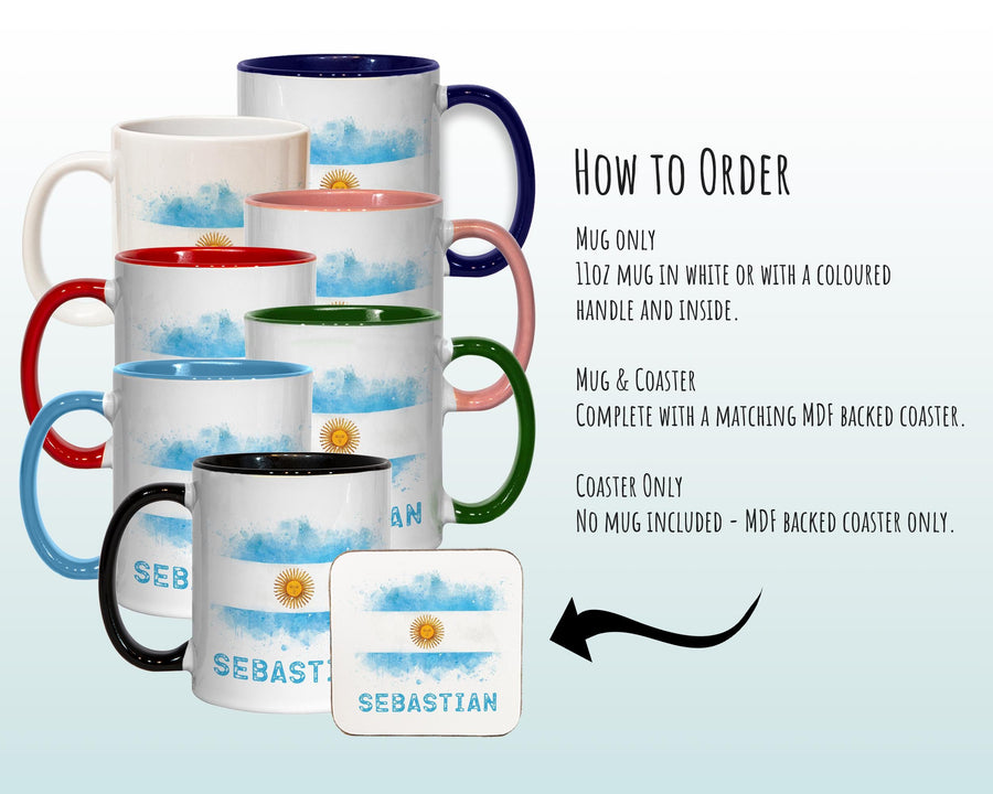 Personalised Argentina Flag Mug Gift - Great Gift for Argentinian Citizenship Visitor - Watercolour Flag Design Mug & Coaster MGZ367