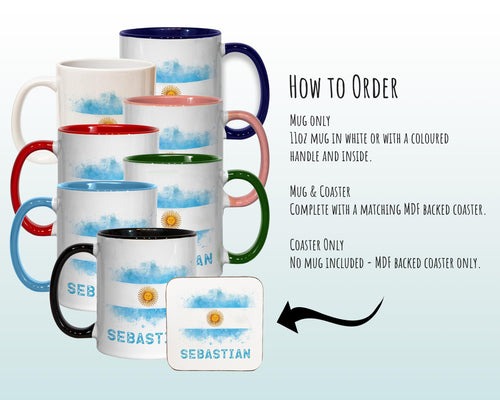 Personalised Argentina Flag Mug Gift - Great Gift for Argentinian Citizenship Visitor - Watercolour Flag Design Mug & Coaster MGZ367
