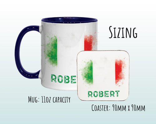 Personalised Italian Flag Mug Gift - Great Gift for Italy Citizenship Visitor Mediterranean - Watercolour Flag Design Mug & Coaster MGZ366
