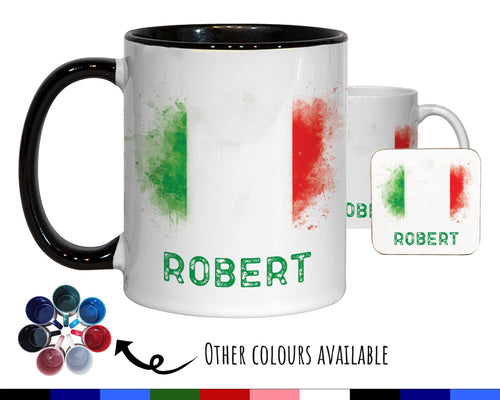 Personalised Italian Flag Mug Gift - Great Gift for Italy Citizenship Visitor Mediterranean - Watercolour Flag Design Mug & Coaster MGZ366