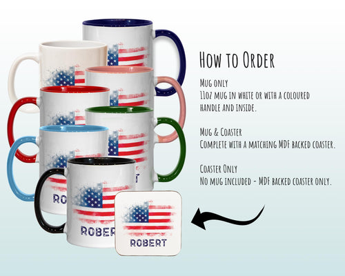 Personalised USA Flag Mug Gift - Great Gifts for Americans Citizenship  - Watercolour Star Spangled Banner Flag Design Mug & Coaster MGZ365
