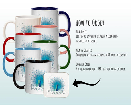 Personalised Peacock Mug Gift - Great Gifts for Animal Bird Lovers - Watercolour Peacock Feathers Plumage Design Mug & Coaster MGZ382