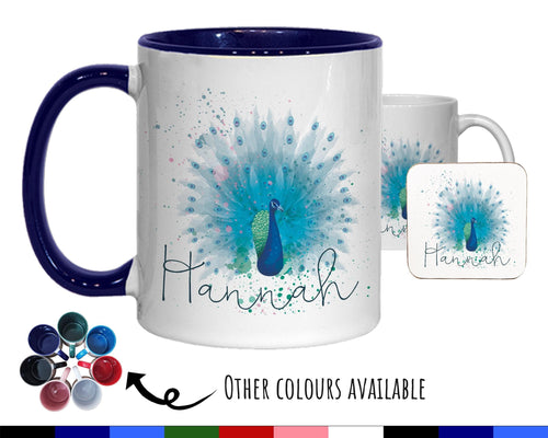 Personalised Peacock Mug Gift - Great Gifts for Animal Bird Lovers - Watercolour Peacock Feathers Plumage Design Mug & Coaster MGZ382