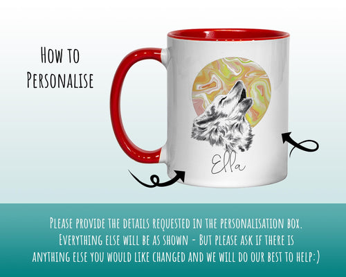 Personalised Howling Wolf Mug Gift - Great Gifts for Animal and Wolf Lovers - Watercolour Wolf and Full Moon Design Mug & Coaster MGZ405