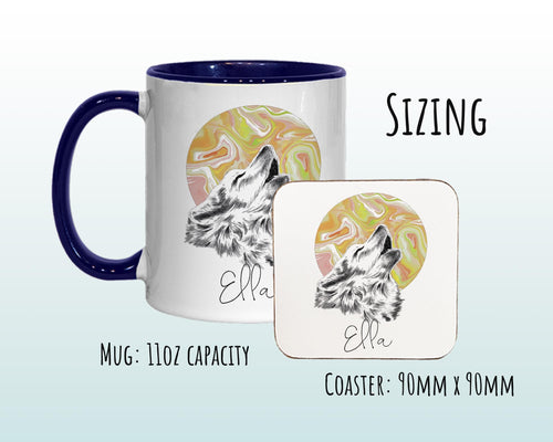 Personalised Howling Wolf Mug Gift - Great Gifts for Animal and Wolf Lovers - Watercolour Wolf and Full Moon Design Mug & Coaster MGZ405