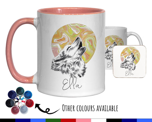 Personalised Howling Wolf Mug Gift - Great Gifts for Animal and Wolf Lovers - Watercolour Wolf and Full Moon Design Mug & Coaster MGZ405