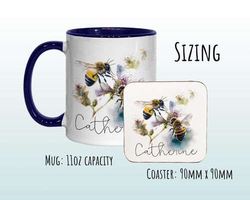 Personalised Bumble Bee Mug Gift - Great Gifts for Bee Lovers - Watercolour Honey Bee and Flowers Design Mug & Coaster MGZ526