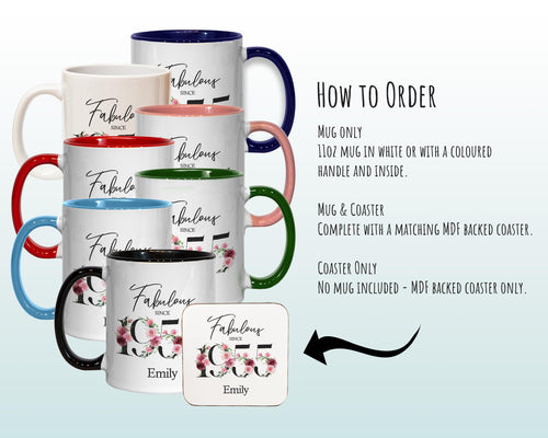 70th Birthday Gift for Women - Fabulous Since 1956 Personalised Coffee Mug Coaster Age 70 Gift for Her - Ladies Floral Design Mum Nan BNC70M