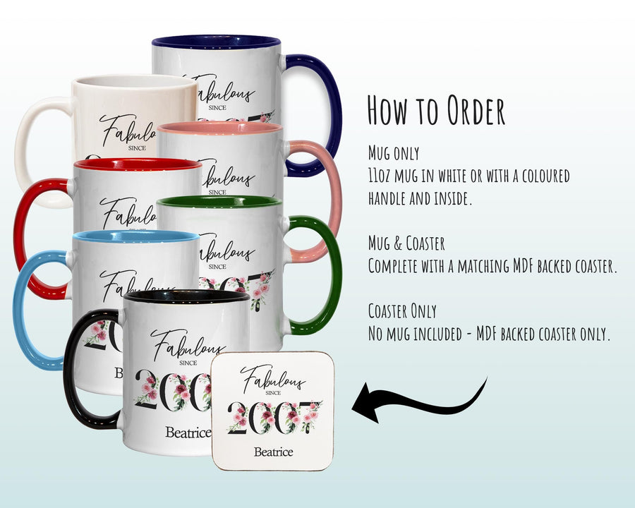 18th Birthday Gift for Her - Fabulous Since 2008 Personalised Coffee Mug Coaster Age 60 Gift for Women Ladies Floral Design Daughter BNC18M