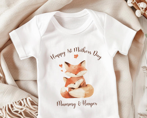 First Mothers Day Gift Present - Personalised Babygrow Tee Vest New Mum Fox Mummy and Baby Design - Matching Cushion Woodland Animals SMC004