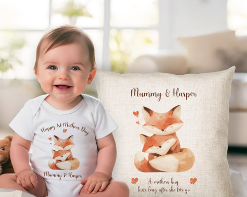 First Mothers Day Gift Present - Personalised Babygrow Tee Vest New Mum Fox Mummy and Baby Design - Matching Cushion Woodland Animals SMC004