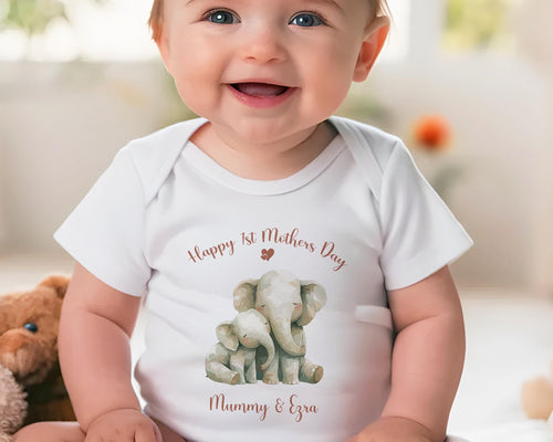 First Mothers Day Gift Personalised Present - Elephant Design Babygrow Tee Vest Gift for New Mum Gift from Baby - Matching Cushion SMC008