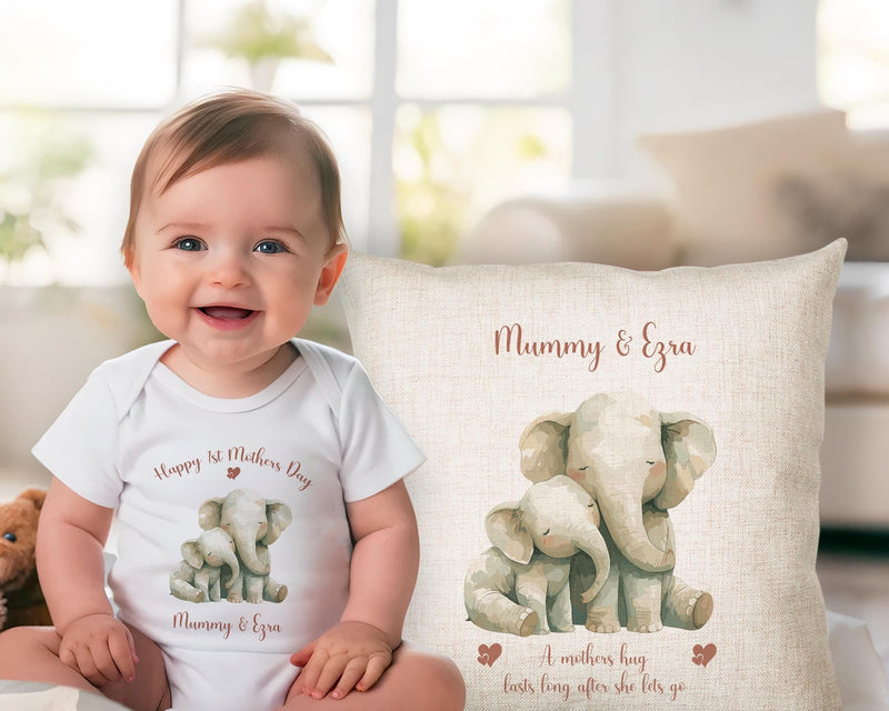 First Mothers Day Gift Personalised Present - Elephant Design Babygrow Tee Vest Gift for New Mum Gift from Baby - Matching Cushion SMC008