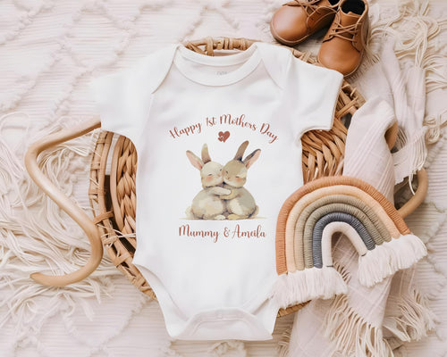 First Mothers Day Gift Personalised Present - Cute Bunny Rabbit Design Babygrow Tee Vest Gift for Mum Animals - Matching Cushion SMC006
