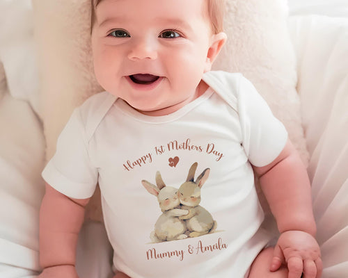 First Mothers Day Gift Personalised Present - Cute Bunny Rabbit Design Babygrow Tee Vest Gift for Mum Animals - Matching Cushion SMC006