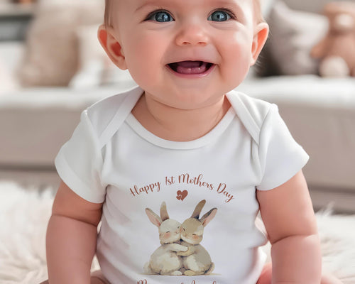 First Mothers Day Gift Personalised Present - Cute Bunny Rabbit Design Babygrow Tee Vest Gift for Mum Animals - Matching Cushion SMC006