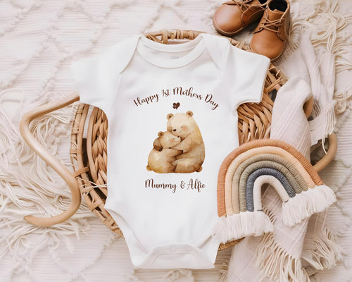 First Mothers Day Gift Personalised Present - Cuddle Bears Design Babygrow Tee Gift for Mum - Watercolour Animals Matching Cushion SMC005