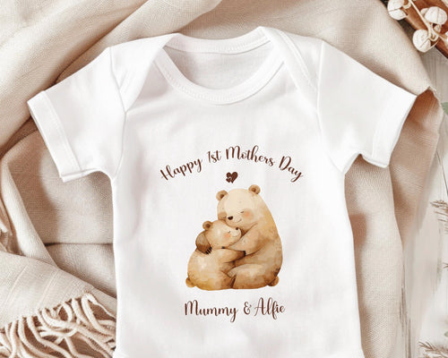 First Mothers Day Gift Personalised Present - Cuddle Bears Design Babygrow Tee Gift for Mum - Watercolour Animals Matching Cushion SMC005