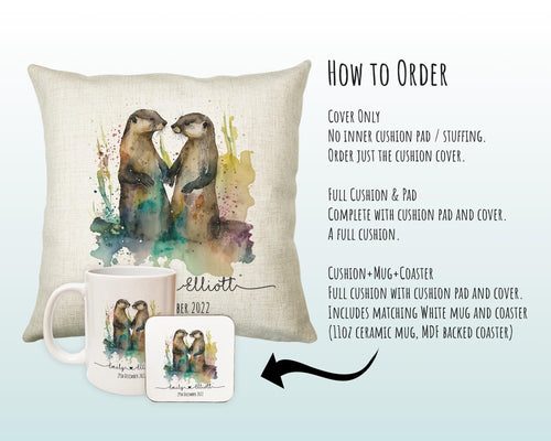 Personalised 2nd Anniversary Otter Cotton Gift Cushion Two Years Custom Design Gift Valentines Present - Wedding Cushion Pillow SV0028