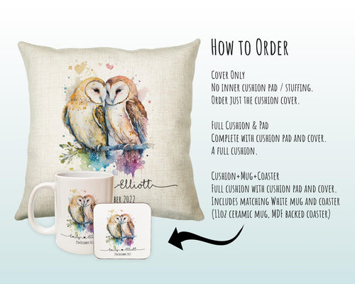 Personalised 2nd Anniversary Owls Cotton Gift Cushion Two Years Custom Design Gift Valentines Present - Wedding Cushion Pillow Couple SV0029