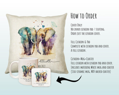 Personalised 2nd Anniversary Elephant Cotton Gift Cushion Two Years Custom Design Gift Valentines Present - Wedding Cushion Pillow SV030