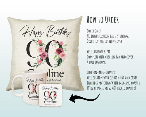 90th Birthday Gift for Women - Personalised Happy Birthday Cushion Age 90 Gift for Her - Ladies Floral Age Design Mum Nan Gran Ninety BNA90C