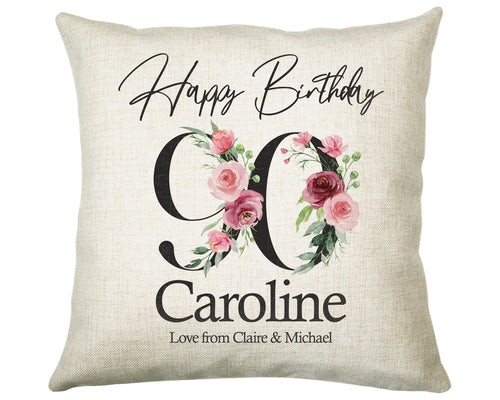 90th Birthday Gift for Women - Personalised Happy Birthday Cushion Age 90 Gift for Her - Ladies Floral Age Design Mum Nan Gran Ninety BNA90C