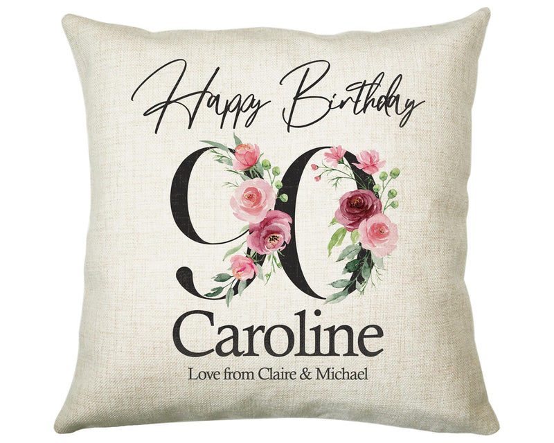 90th Birthday Gift for Women - Personalised Happy Birthday Cushion Age 90 Gift for Her - Ladies Floral Age Design Mum Nan Gran Ninety BNA90C