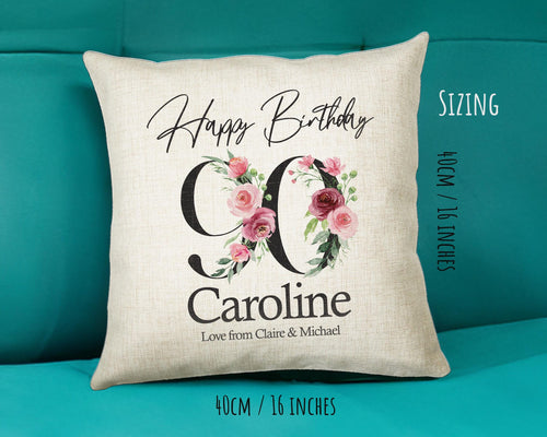 90th Birthday Gift for Women - Personalised Happy Birthday Cushion Age 90 Gift for Her - Ladies Floral Age Design Mum Nan Gran Ninety BNA90C
