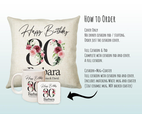 80th Birthday Gift for Women - Personalised Happy Birthday Cushion Age 80 Gift for Her - Ladies Floral Age Design Mum Nan Gran Eighty BNA80C