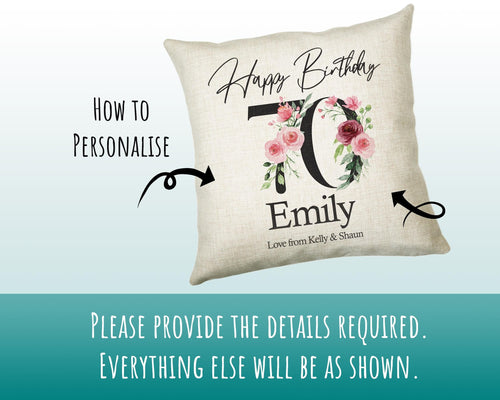 70th Birthday Gift for Women - Personalised Happy Birthday Cushion Age 70 Gift for Her - Ladies Floral Design Mum Nan Gran Seventy BNA70C